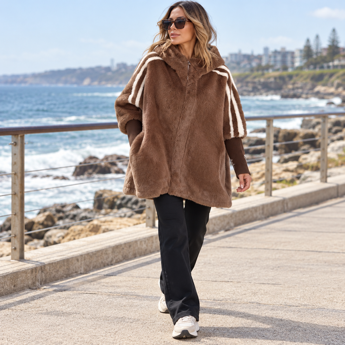 Elara Hooded Mid-Length Coat styled lifestyle view 1