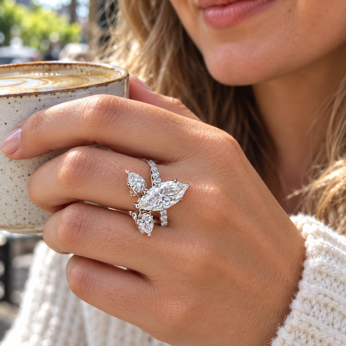 Woman wearing Marquise Moissanite Silver Ring