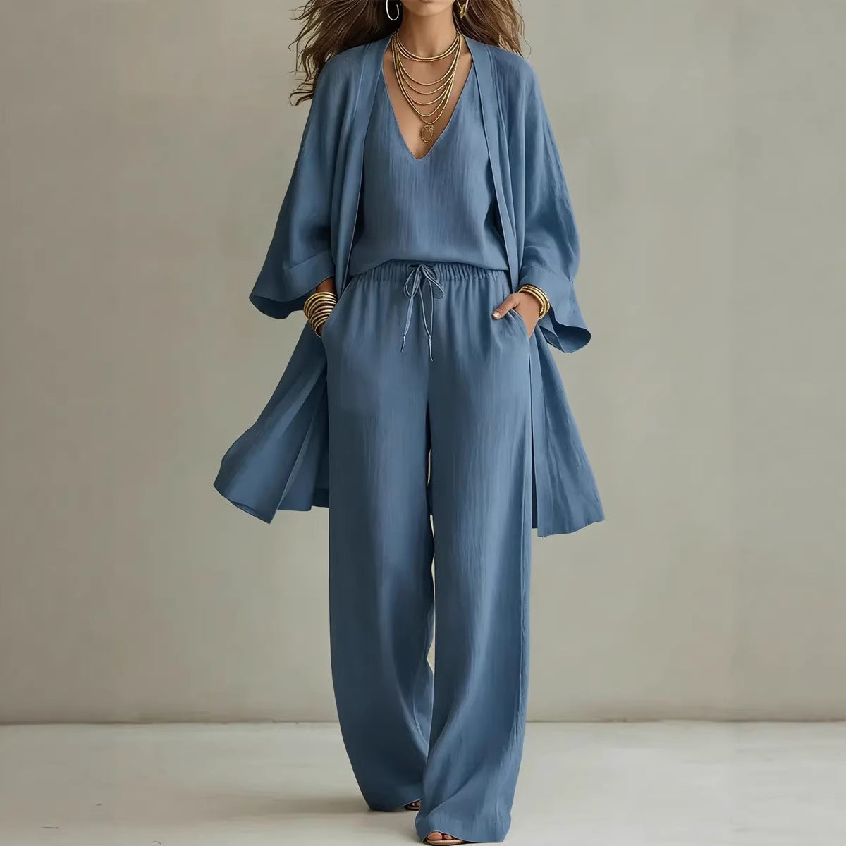 Women's Solid Color Cardigan Vest and Pants Three-Piece Set - photo 1