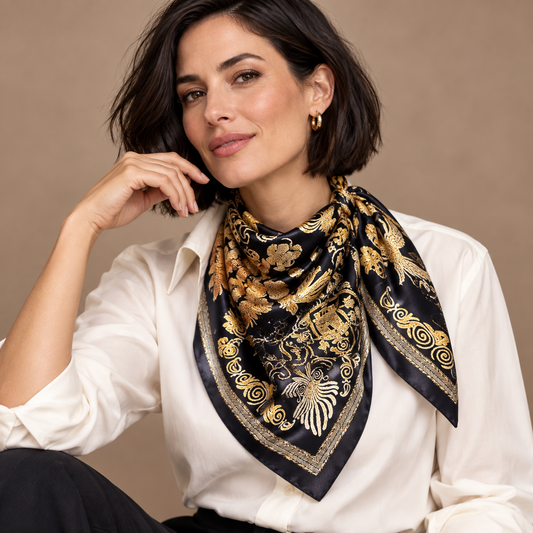 Model wearing Satin Square Scarf – Versatile Women’s Fashion Accessory