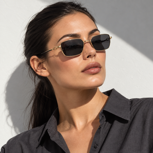 Model wearing Retro Small-Frame Metal Sunglasses