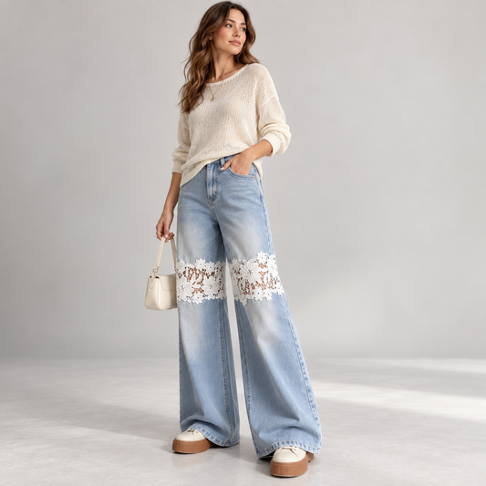 Editorial view of Lace-Insert Wide-Leg Jeans