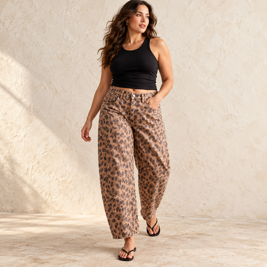 Editorial view of Leopard Print Barrel Jeans