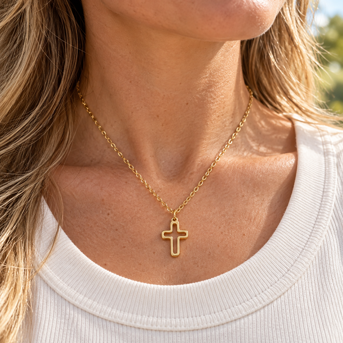 Woman wearing Cutout Cross Pendant Necklace