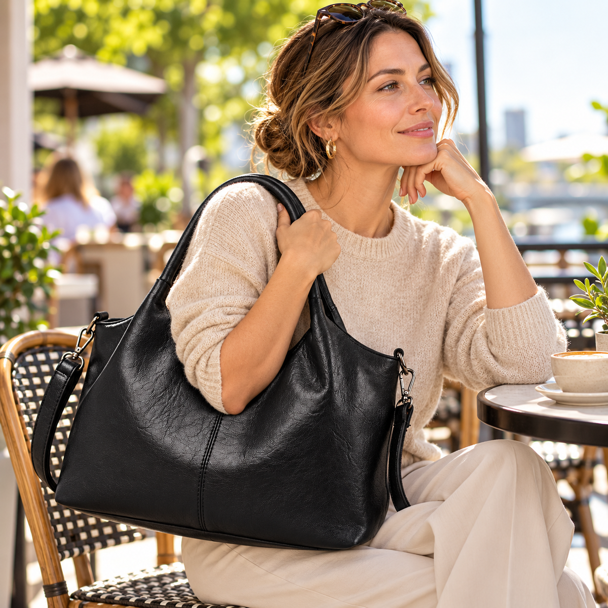 Woman carrying black Retro Textured Soft Leather Tote