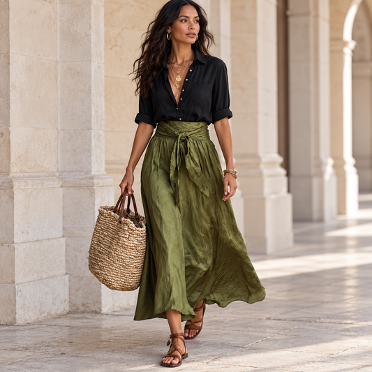 Editorial view of Shirt & Skirt Two-Piece Set