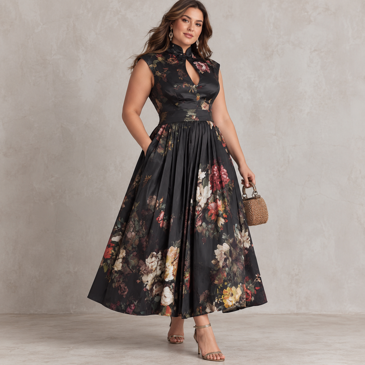 Editorial view of Amara Floral Asymmetric Maxi Dress