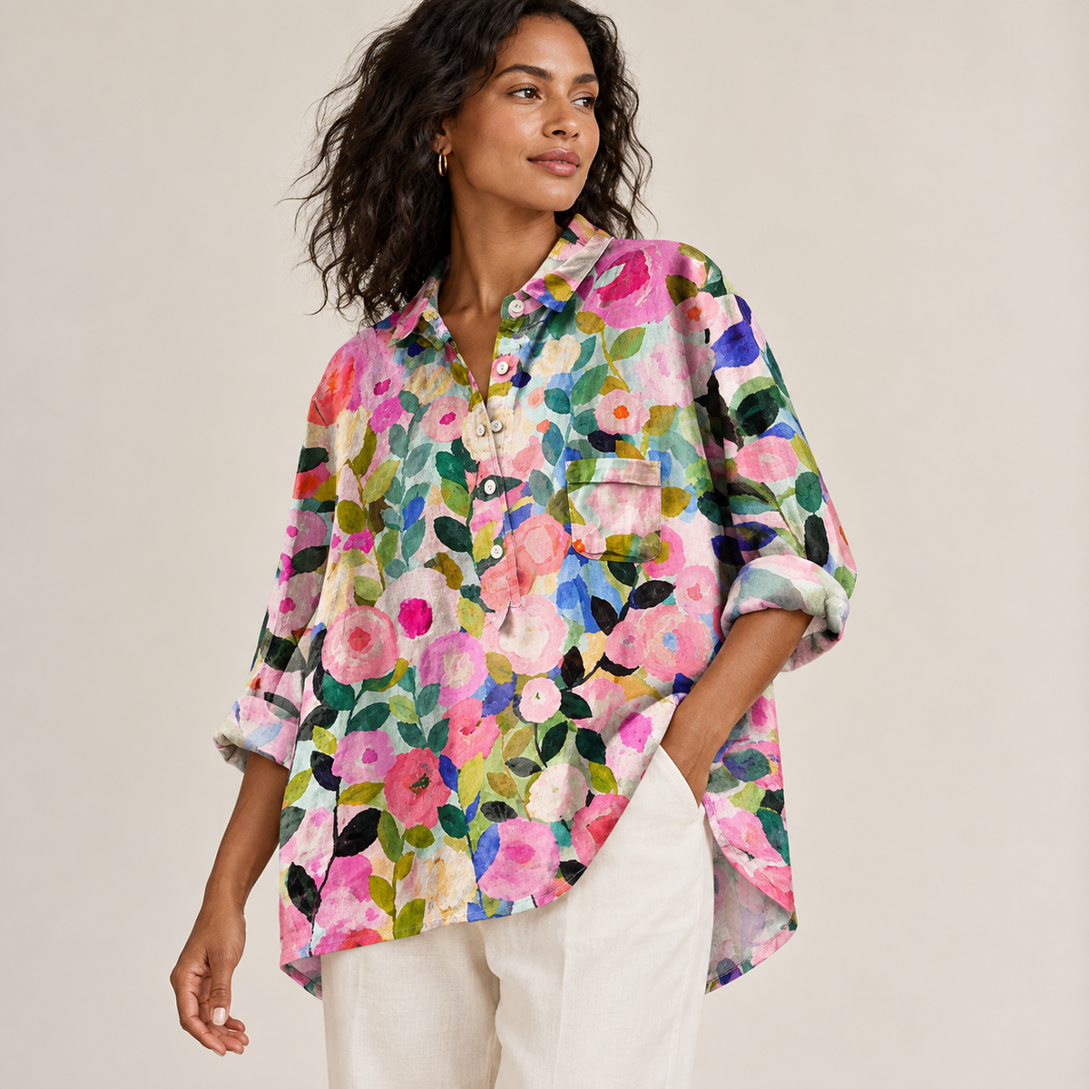 Editorial view of Graffiti Print V-Neck Shirt