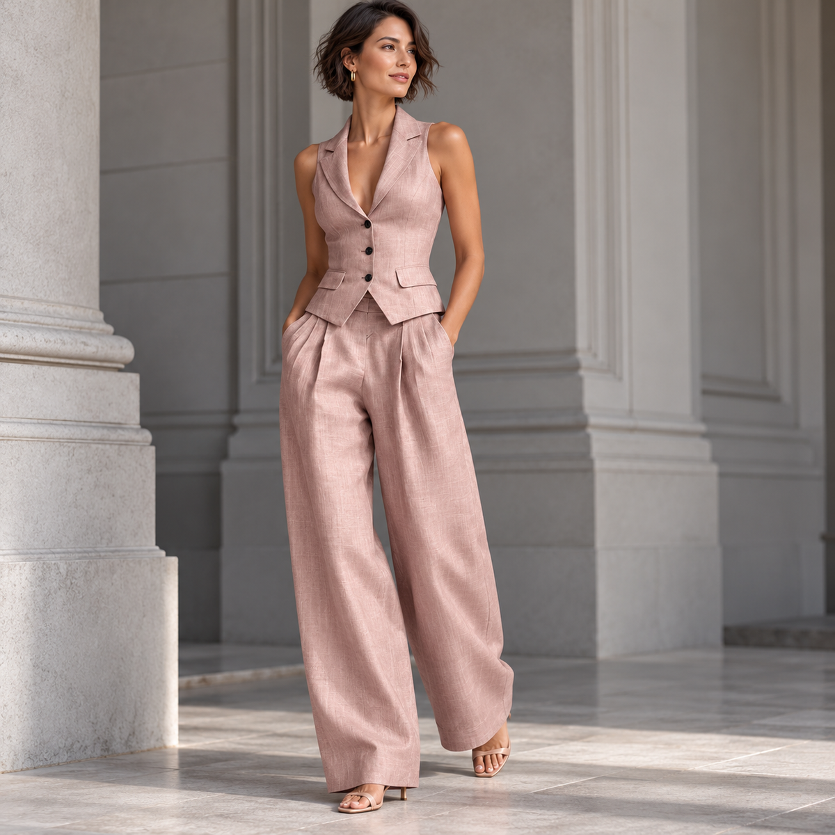 Editorial view of Sleeveless Vest & Wide-Leg Pants Set