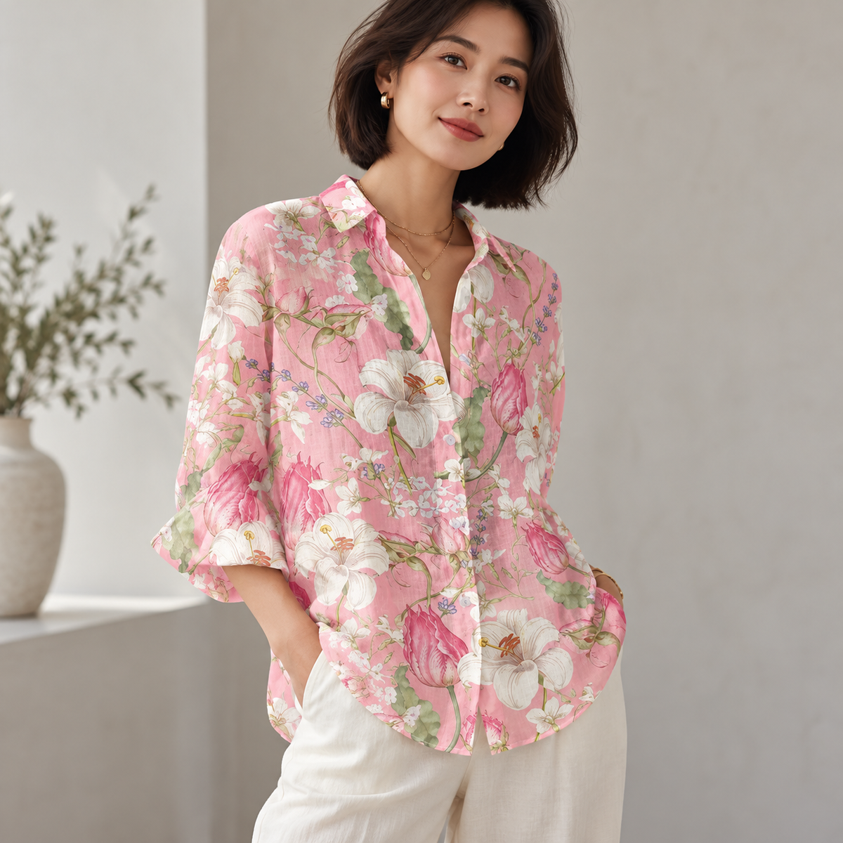 Editorial view of 3D Print Lapel Casual Linen Shirt