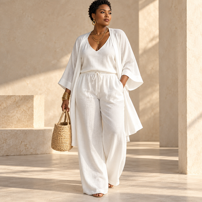 Editorial view of Women's Casual 3 Piece Outfit V-Neck Cami Top Open Front Cardigan And Drawstring Wide Leg Pants Set For Summer